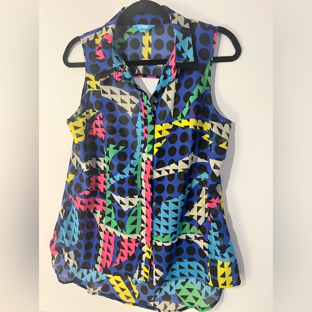 L’Amour Nanette Lepore Geometric Print Open Back Sleeveless Blouse L